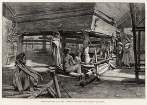Batak kvinnor, norra Sumatra etnisk grupp, vävning. Gravyr av Laurent Desrousseaux för att illustrera berättelsen "" ett år i Malaysia", av Jules Claine (1856-1939), 1889-1890, i Le tour du Monde 1892, regisserad av Edouard Charton (1807-1891), Hachette, P