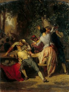 Cabaretscen Par som dansar och kysser. Målning av Henri Baron (1816-1885) 1800-talet sön. 0,35x0,27 m