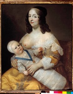 Representation av den blivande kung Ludvig XIV (1638-1715) baby, i baddräkt i armarna på sin sjuksköterska Marie de Longuet de la Giraudiere Kvinnans bröst är upptäckt och redo att amma barnet. Målning av Charles (1604-1692) och Henri (1603-1677)