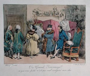 En berömd person: "Det du gör är inte så illa porträtterat min kära", tecknad serie för "Vues de Paris, esquisses morales et philosophiques", graverad av Francois Seraphin Delpech (1778-1825) (litho i färg)