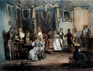 En kväll på Madame X social möte i en parisisk kvinnas salong. Akvarell av Henry Monnier (1805-1877) 1800-talet