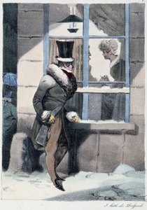 Nyfiken man som tittar ut genom fönstret inne i ett hus: "" Alla tar sitt nöje där han hittar honom"" - i "" Les pastemps"" av Henri Monnier, red. Delpech, Paris av Henri Bonaventure Monnier