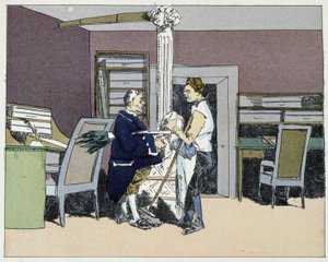 Åtta timmar: svepande kontor och politisk diskussion mellan kontorspojkar - i "" Administrativ moral" av Henri Monnier
