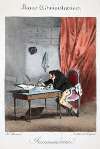 Supernumerary, illustration från "Mores Administratives, Dessinées enligt naturen" av Henri Monnier, litografi av Delpech, pub. Paris, ca 1828 (handfärgad litho)
