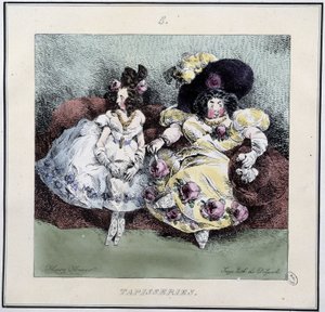 Fula kvinnor som gör "" gobeläng"" sitter i ett vardagsrum - i "" Parisiennes" av Henri Monnier, red. Delpech, Paris