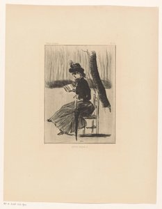 Kvinna med en bok och ett paraply på en stol utanför Petits Croquis 5 (titel på objekt) av Henri Boutet
