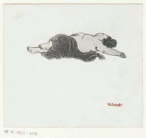 Liggande japansk kvinna med barbröst av Henri Charles Guérard (attributed to)