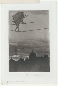 Spännbandsrullator med paket på ryggen över en stad Titelsida för: Henri Béraldi, Les Graveurs du XIXe siècle (...), 1888