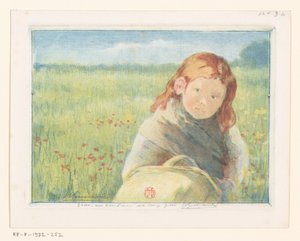 Flicka med korg i en blomsteräng