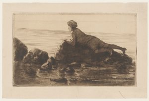 Pojke liggande på stenblock på stranden av Henri Charles Guérard