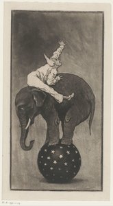 Elefant som balanserar på en boll med en man på ryggen