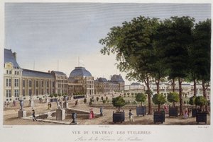 Trädgården och Chateau des Tuileries sett från terrassen på Les Feuillans. Gravyr av Courvoisier