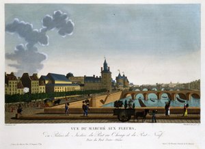 Utsikt över blomstermarknaden, bytesbro och ny bro - i "" Vues de Paris"" av Courvoisier