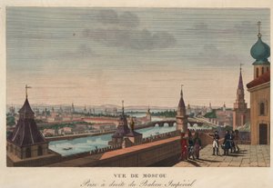 Utsikt över Moskva från balkongen på det kejserliga palatset, Ryssland"" (Utsikt över Moskva från balkongen på det kejserliga palatset) Gravyr av Henri Courvoisier-Voisin (1757-1830) - 1812 Dim 40,7x55,6 cm Privat samling av Henri Courvoisier-Voisin