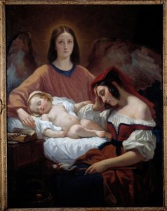Skyddsängeln En ängel vakar över en mamma och hennes sovande barn. Målning av Henri Decaisne (1799-1852)