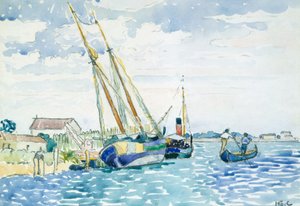 Marine Scene (Båtar nära Venedig), 1903 (wc över grafit på vitt vävt papper torrmonterat på kraftigt vävt kort) av Henri-Edmond Cross