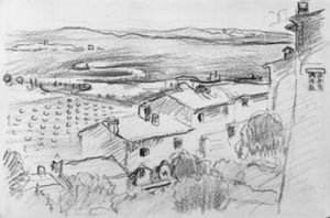 Utsikt från en by över åkrar och ängar mot havet. Bormes-les-Mimosas av Henri-Edmond Cross