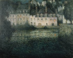 Hus på floden i månskenet; Hus vid Moonlight River, Quimperle av Henri Eugene Augustin Le Sidaner