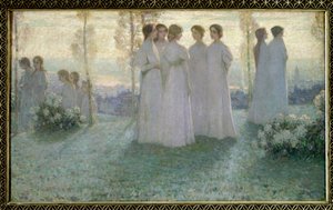 På söndagen pratade en vitklädd kvinna i en trädgård - Målning av Henri Eugene (Henri-Eugene) Le Sidaner (1862-1939) av Henri Eugene Augustin Le Sidaner