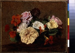 Rosor och nasturtium i en vas. Målning av Henri Fantin-Latour (Fantin Latour av Ignace Henri Jean Fantin Latour