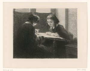 Klistermärkesklistrare. Två damer vid bordet av Henri Fantin-Latour