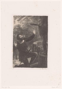 Cellini knäböjer framför sin bronsstaty av Perseus Benvenuto Cellini. Akt III. La Fonte du Persee Hector Berlioz liv och verk (serietitel) av Ignace Henri Jean Fantin Latour