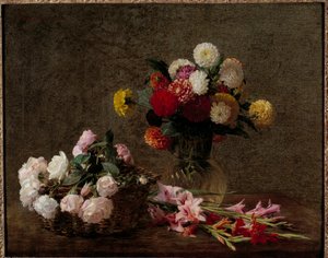 Dahlior och rosor i en korg Målning av Henri Fantin Latour (Fantin-Latour av Ignace Henri Jean Fantin Latour