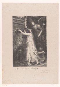 Ängel och personifiering av berömmelse ger en hederskrans vid Johannes Brahms grav Á Johannes Brahms (titel på objekt) av Ignace Henri Jean Fantin Latour