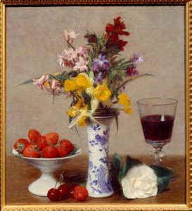 Stilleben kallas förlovningen Ett glas rött vin, en bukett melange, körsbär och jordgubbar. Målning av Henri Fantin Latour (Fantin-Latour) (1836-1904) 1869 sön. 0,32x0,29 m Grenoble, musee des Beaux Arts av Ignace Henri Jean Fantin Latour