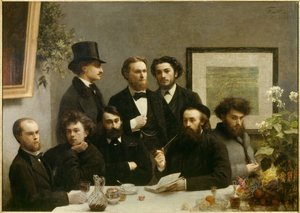 Bordshörn Representation av ett möte mellan, från vänster till höger, Paul Verlaine, Arthur Rimbaud, Elzear Bonnier, Leon Valade, Emile Blemont, Jean Aicart, Ernest d