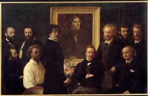 Hyllning till Eugene Delacroix. Karaktärerna som representeras är Louis Edmond Duranty (bokstävernas man), James Abbott Mac Neill Whistler (målare), Champfleury, Jules Husson (bokstävernas man), Edouard Manet, Charles Baudelaire, Louis Cordier, Alphonse Le av Ignace Henri Jean Fantin Latour