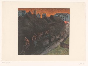 Fyra gruvarbetare skyfflar kol i vagnar Au parc de charbon Föreställningar av Théâtre Libre (serietitel) Les Programs du Théâtre Libre (serietitel) av Henri Gabriel Ibels