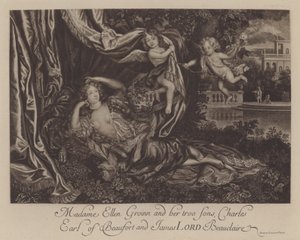 Nell Gwyn och hennes två söner, Charles, Earl of Burford, och James, Lord Beauclerk (gravyr)