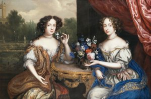 Ett dubbelporträtt av Lady Maria Somalia och Lady Anne Barrington, sittande tre fjärdedels längd vid ett bord med en vas med blommor,