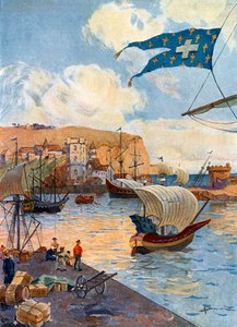 Utsikt över staden Dieppe i Normandie vid tiden för den franska upptäcktsresanden Jean Cousin, slutet av 1400-talet Illustration av Gaston Henry Darien (1864-1926) från "Notre epopee coloniale" av Pierre Legendre