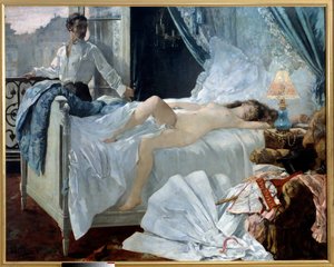 Rolla. Ett par i ett sovrum, kvinnan sover naken och mannen tittar på henne vid fönstret. Målning av Henri Gervex (1852 - 1929). 1878. Dim. 1,75 x 2,20 m Musee des Beaux Arts de Bordeaux - Rolla. Ett par i ett sovrum, kvinnan sover och na