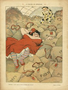 Illustration av Henri Gousse (1872-1914) i Le Rire, 03/04/09 - La France en lethargie - Social, Greve, Courrier La Poste Postal - Clemenceau George, Marianne