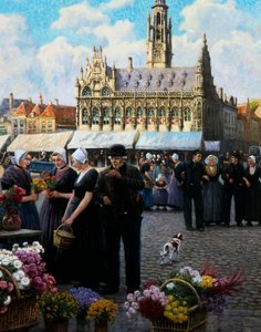 Blomstermarknaden i Middelburg (olja på duk) av Henri Houben