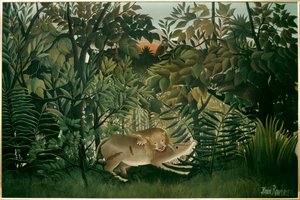 Hungrigt lejon. Målning av Henri Rousseau dit Le Douanier Rousseau (1844-1910), 1900-talet. Olja på duk. Mått: 2,00 X 3,00 m. Bale, Museum of Fine Arts