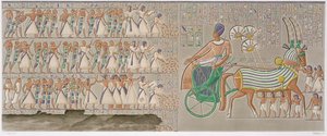 Färgade basreliefer från södra galleriet av palatsets peristyl, plåt 12 från Vol II av `Descriptions of Egypt`, graverad av Antoine Phelippeaux (f.1767) 1822 (akvatint) av Henri Joseph (after) Redoute