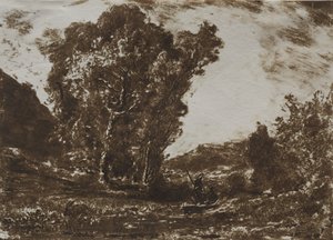 Två båtsmän i ett träsk nära en klunga av träd, ca. 1857.