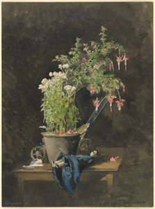 En Fuchsia i kruk med barnleksaker av Henri Joseph Harpignies