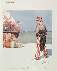 Karikatyr av Uncle Sam vid tiden för första världskriget, 1915 (färgad litho)