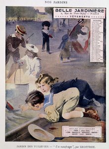 Barn som leker båtar i Tuilerierna av Jean Geoffroy (1853-1924), kalender "" Belle Jardiniere", serie "" Nos Jardins"", oktober, n.d. v.1900.