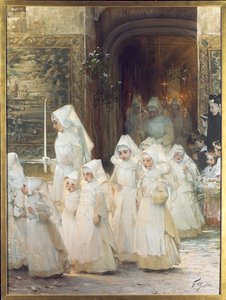 Procession av unga flickor på konfirmationsdagen, L"hopital de Beaune, 1906 av Henri Jules Jean Geoffroy