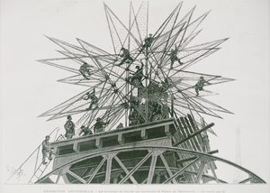 Universell utställning 1900: Installation av stjärnan på toppen av Palace of Electricity (gravyr)