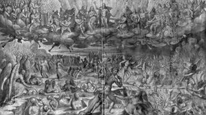 Life of Christ, Last Judgement, förberedande studie av gobelängtecknad film för kyrkan Saint-Merri i Paris, ca 1585-90 (pierre noire und wash und white highlights on paper)