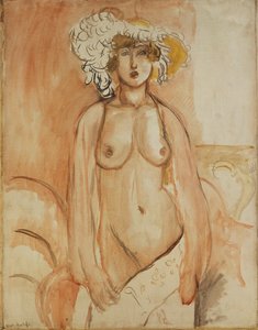 Antoinette stående med bar överkropp och fjäderhatt, ca 1918 (olja på duk) av Henri Matisse
