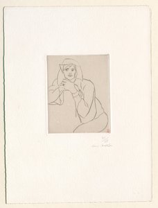 Ung kvinna med händerna knäppta på ryggstödet till en möbel av Henri Matisse