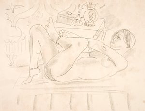 Naken kvinna, liggande på rygg med pärlhalsband runt anklarna (odalisk) av Henri Matisse